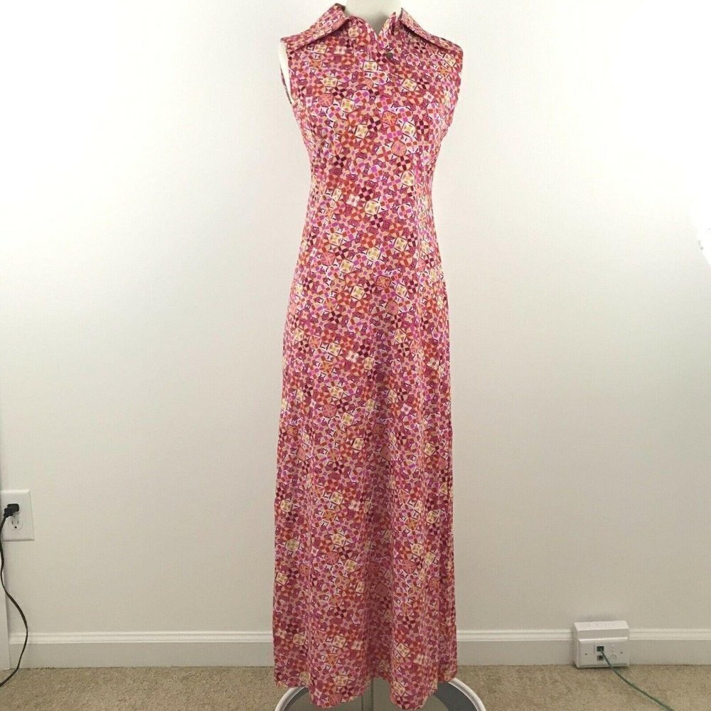 Vtg‎ David Crystal Maxi Dress Size 6 Sleeveless Geo Print Collared Back Zipper